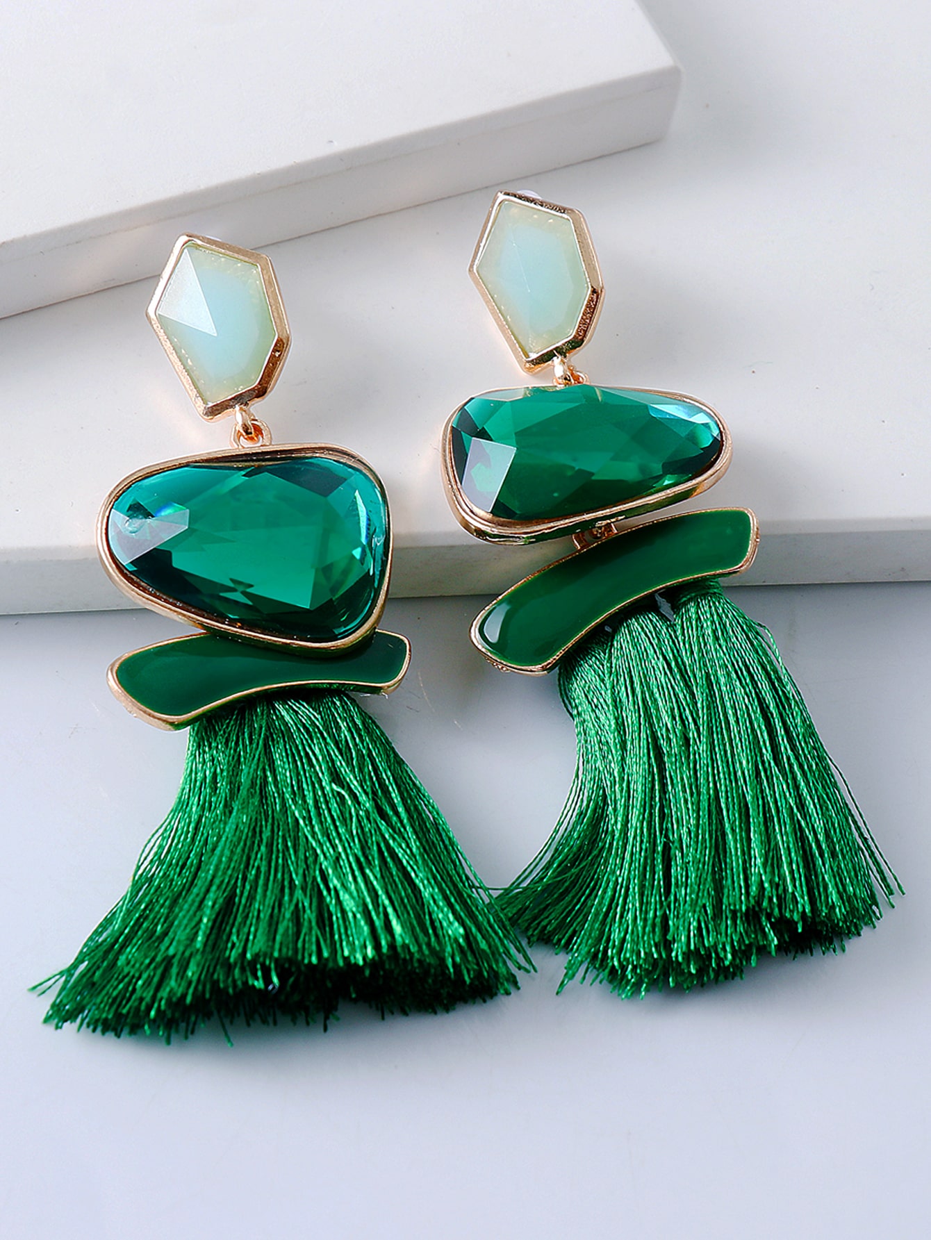 Green Tassel Rhinestone Earring