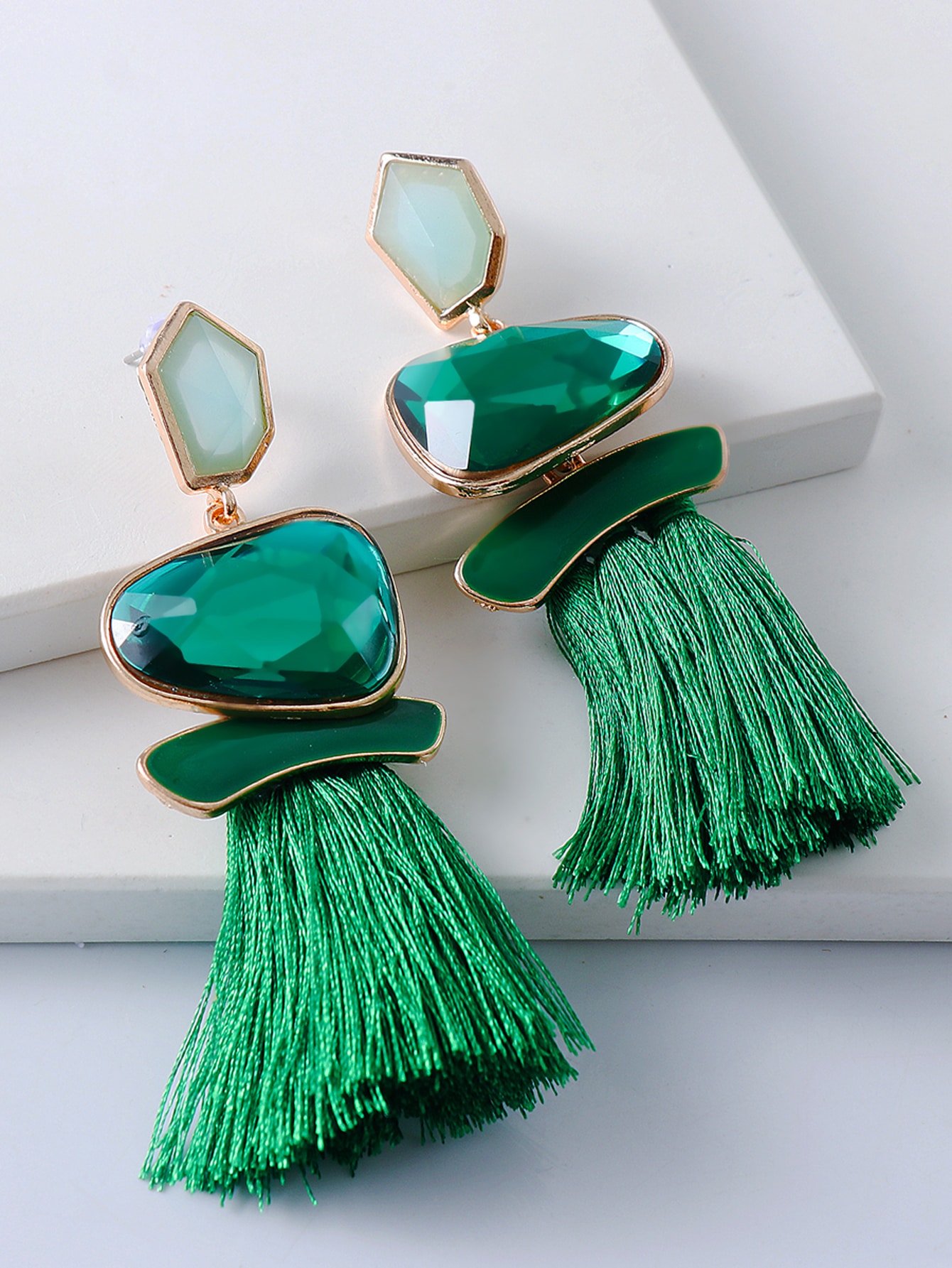 Green Tassel Rhinestone Earring - Image 2