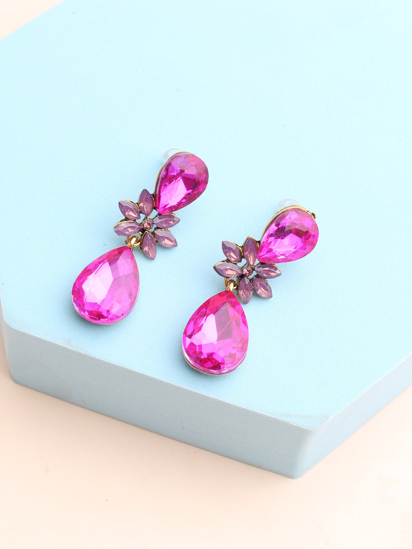 Hot pink Floral Pear Drop Rhinestone Earrings - Image 3