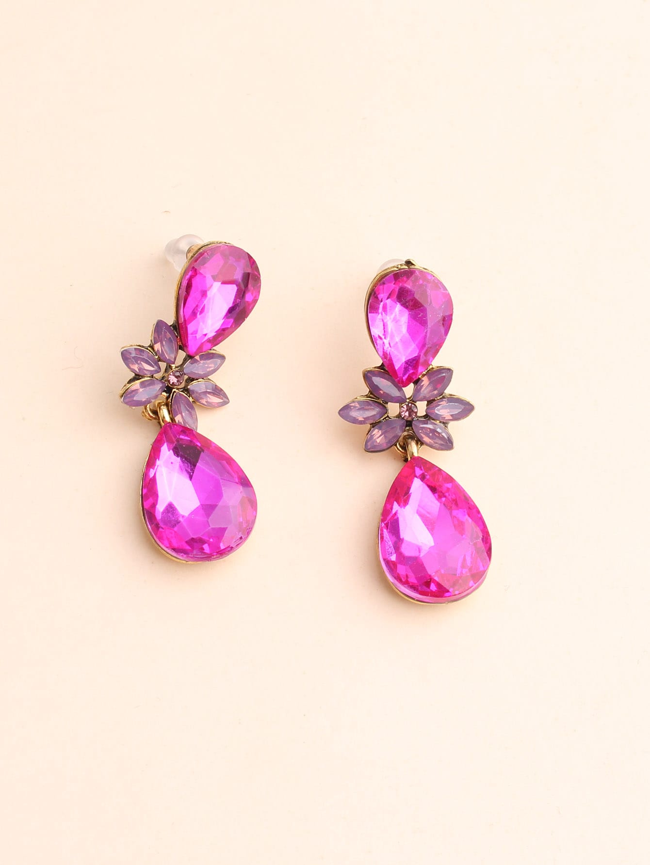 Hot pink Floral Pear Drop Rhinestone Earrings