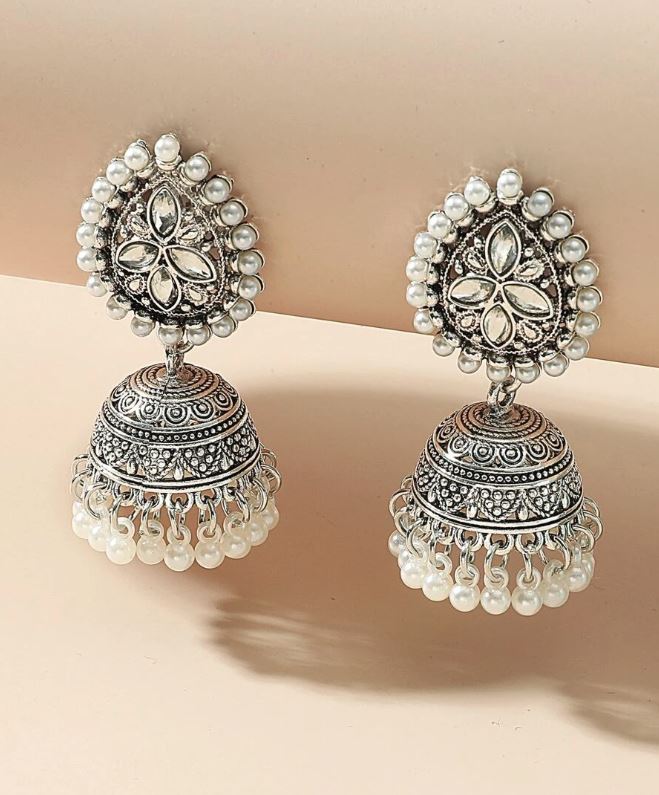 Antique Silver Pearl Jhumka Ethnic Earrings - Image 2