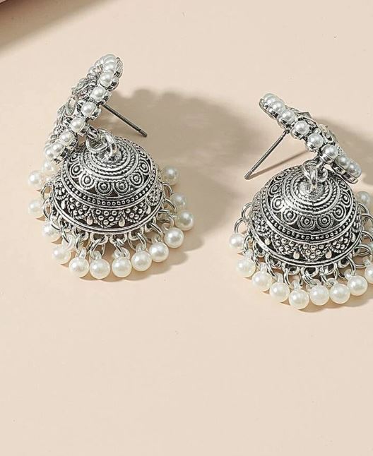 Antique Silver Pearl Jhumka Ethnic Earrings - Image 3