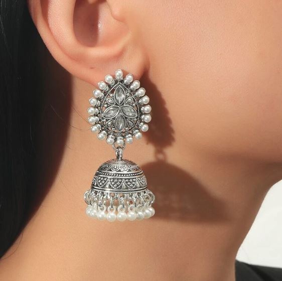 Antique Silver Pearl Jhumka Ethnic Earrings