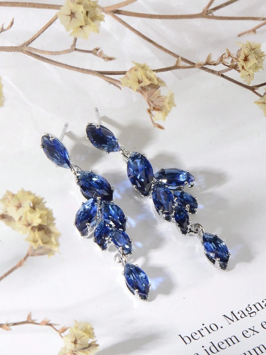 Blue Crystal Leaf Earrings Compact - Image 3