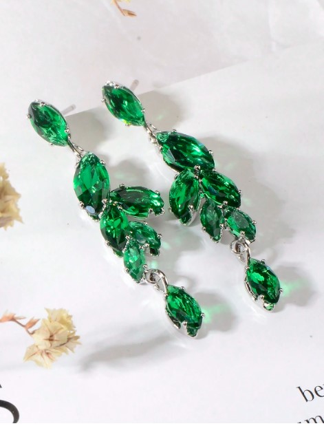 Green Crystal Leaf Earrings Compact - Image 3